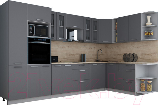 Изображение товара Кухонный гарнитур Интерлиния Мила Gloss 1.88x3.4 правая (серый/серый/травертин серый)