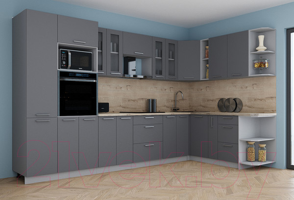 Изображение товара Кухонный гарнитур Интерлиния Мила Gloss 1.88x3.4 правая (серый/серый/травертин серый)