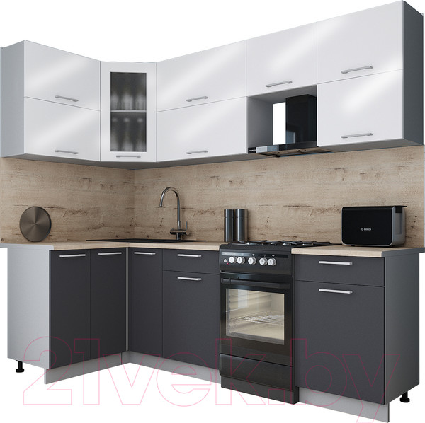 Изображение товара Кухонный гарнитур Интерлиния Мила Gloss 50-12x24 (белый глянец/пепел/травертин серый)