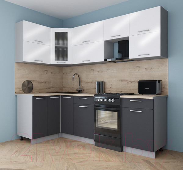 Изображение товара Кухонный гарнитур Интерлиния Мила Gloss 50-12x24 (белый глянец/пепел/травертин серый)