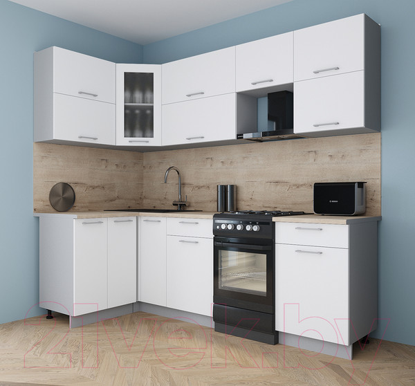 Изображение товара Кухонный гарнитур Интерлиния Мила Gloss 50-12x24 (белый/белый/травертин серый)