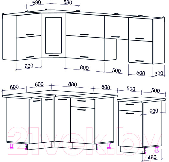Изображение товара Кухонный гарнитур Интерлиния Мила Gloss 50-12x24 (белый/пепел/травертин серый)