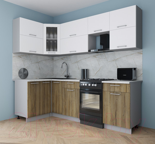 Изображение товара Кухонный гарнитур Интерлиния Мила Gloss 50-12x24 (белый/дуб вотан/травертин серый)