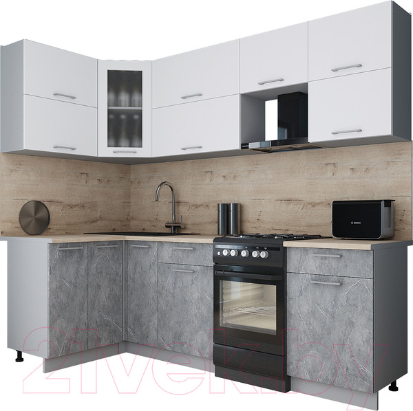 Изображение товара Кухонный гарнитур Интерлиния Мила Gloss 50-12x24 (белый/керамика/травертин серый)