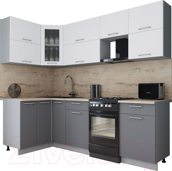 Изображение товара Кухонный гарнитур Интерлиния Мила Gloss 50-12x24 (белый/серый/травертин серый)