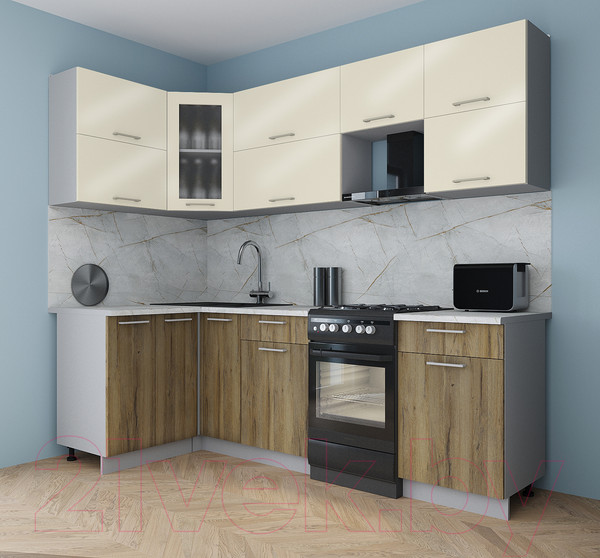 Изображение товара Кухонный гарнитур Интерлиния Мила Gloss 50-12x24 (ваниль глянец/дуб вотан/травертин серый)