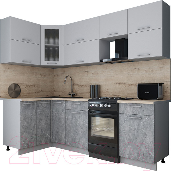 Изображение товара Кухонный гарнитур Интерлиния Мила Gloss 50-12x24 (грей/керамика/травертин серый)
