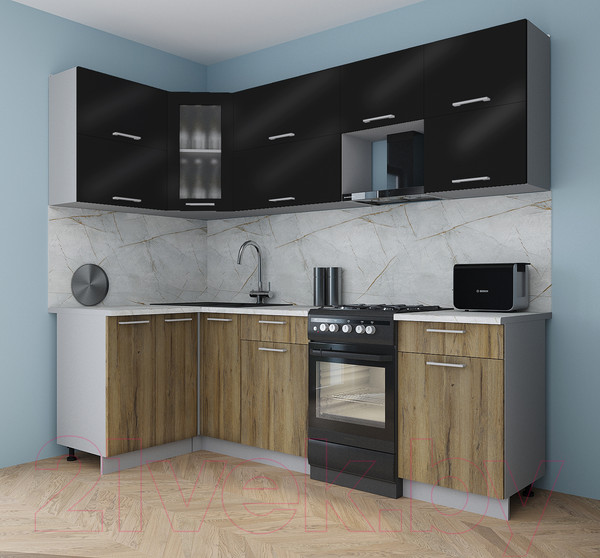 Изображение товара Кухонный гарнитур Интерлиния Мила Gloss 50-12x24 (черный глянец/дуб вотан/травертин серый)