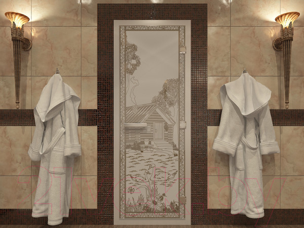 Изображение товара Стеклянная дверь для бани/сауны Doorwood Хамам Банька в лесу 70x190 / DW00594 (бронза матовый)