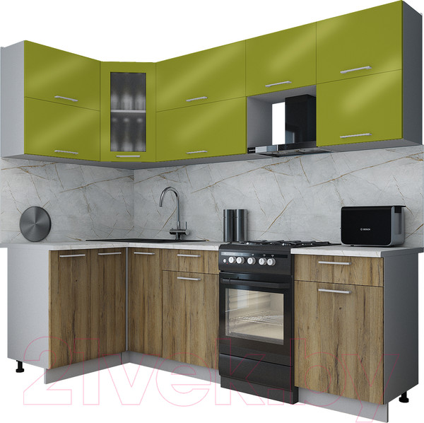 Изображение товара Кухонный гарнитур Интерлиния Мила Gloss 50-12x24 (яблоко глянец/дуб вотан/травертин серый)