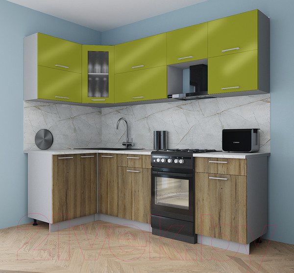 Изображение товара Кухонный гарнитур Интерлиния Мила Gloss 50-12x24 (яблоко глянец/дуб вотан/травертин серый)