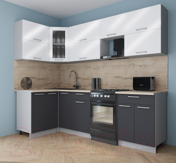 Изображение товара Кухонный гарнитур Интерлиния Мила Gloss 50-12x25 (белый глянец/пепел/травертин серый)