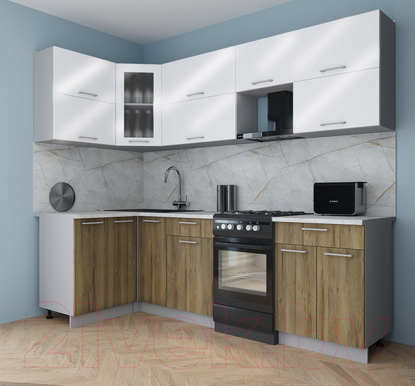 Изображение товара Кухонный гарнитур Интерлиния Мила Gloss 50-12x25 (белый глянец/дуб вотан/травертин серый)