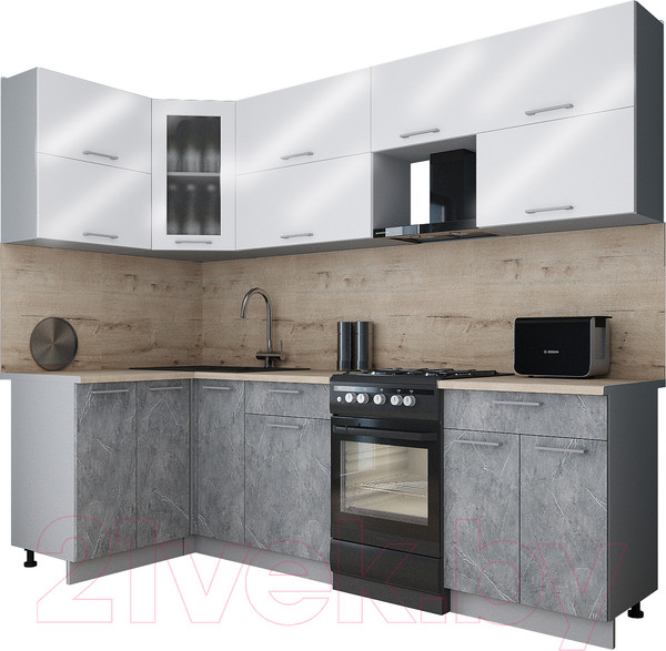 Изображение товара Кухонный гарнитур Интерлиния Мила Gloss 50-12x25 (белый глянец/керамика/травертин серый)