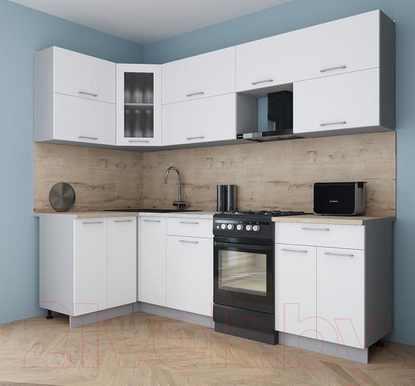 Изображение товара Кухонный гарнитур Интерлиния Мила Gloss 50-12x25 (белый/белый/травертин серый)