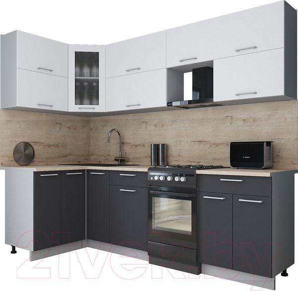 Изображение товара Кухонный гарнитур Интерлиния Мила Gloss 50-12x25 (белый/пепел/травертин серый)