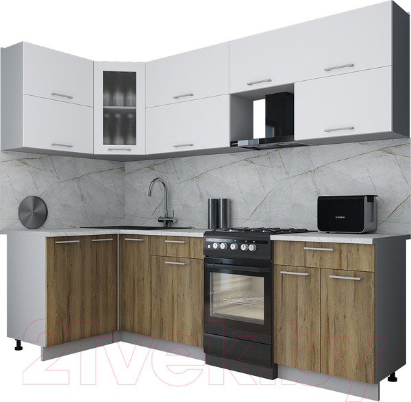 Изображение товара Кухонный гарнитур Интерлиния Мила Gloss 50-12x25 (белый/дуб вотан/травертин серый)