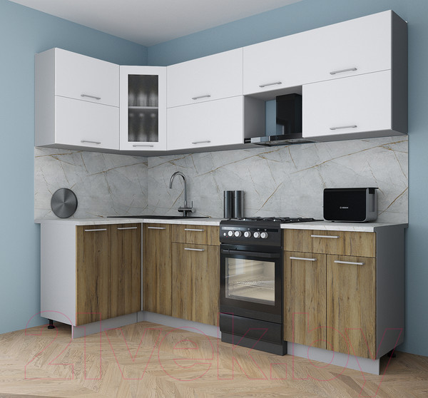 Изображение товара Кухонный гарнитур Интерлиния Мила Gloss 50-12x25 (белый/дуб вотан/травертин серый)