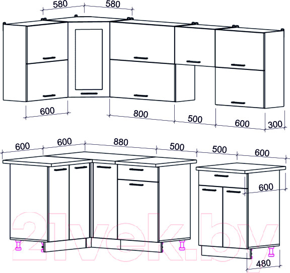 Изображение товара Кухонный гарнитур Интерлиния Мила Gloss 50-12x25 (белый/серый/травертин серый)