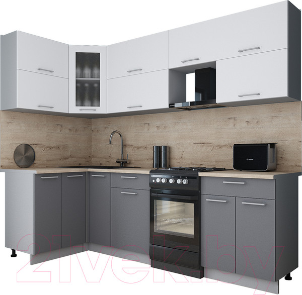 Изображение товара Кухонный гарнитур Интерлиния Мила Gloss 50-12x25 (белый/серый/травертин серый)