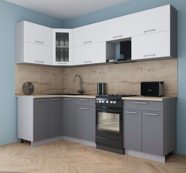 Изображение товара Кухонный гарнитур Интерлиния Мила Gloss 50-12x25 (белый/серый/травертин серый)