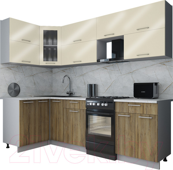 Изображение товара Кухонный гарнитур Интерлиния Мила Gloss 50-12x25 (ваниль глянец/дуб вотан/травертин серый)