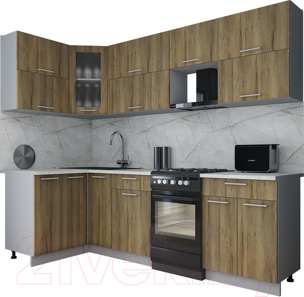 Изображение товара Кухонный гарнитур Интерлиния Мила Gloss 50-12x25 (дуб вотан/дуб вотан/травертин серый)
