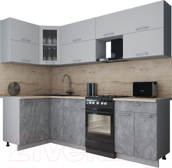 Изображение товара Кухонный гарнитур Интерлиния Мила Gloss 50-12x25 (грей/керамика/травертин серый)