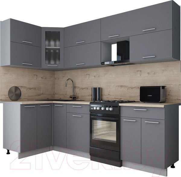 Изображение товара Кухонный гарнитур Интерлиния Мила Gloss 50-12x25 (серый/серый/травертин серый)