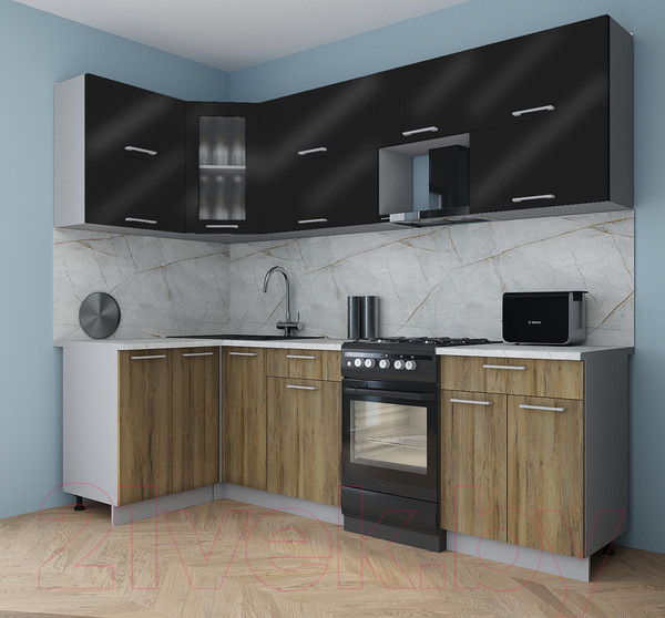Изображение товара Кухонный гарнитур Интерлиния Мила Gloss 50-12x25 (черный глянец/дуб вотан/травертин серый)