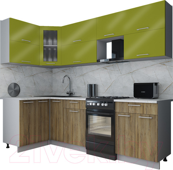 Изображение товара Кухонный гарнитур Интерлиния Мила Gloss 50-12x25 (яблоко глянец/дуб вотан/травертин серый)