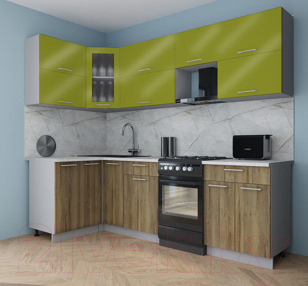 Изображение товара Кухонный гарнитур Интерлиния Мила Gloss 50-12x25 (яблоко глянец/дуб вотан/травертин серый)