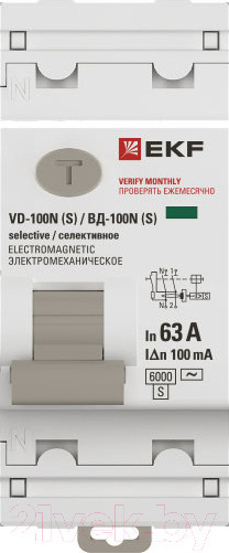 Изображение товара Дифференциальный автомат EKF PROxima ВД-100N (S) 2п 63А 100мА AC 6кА / E1026MS63100