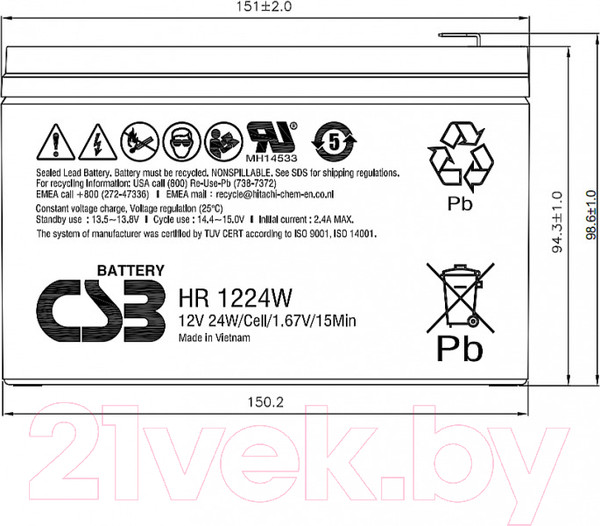 Изображение товара Аккумуляторная батарея CSB HR1224W F2 12V 6Ah