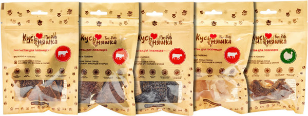 Изображение товара Набор лакомств для собак Кусьняшка Вымя говяжье/легкое говяж/печень говяж/рубец очищен/шея индейки