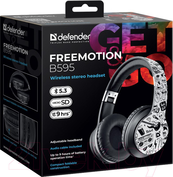 Изображение товара Беспроводные наушники Defender FreeMotion B595 / 63596 (черный/принт)