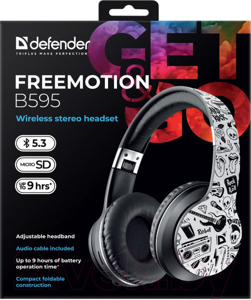 Изображение товара Беспроводные наушники Defender FreeMotion B595 / 63596 (черный/принт)