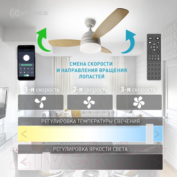 Изображение товара Вентилятор Estares Fan Wood 48W+18W R-APP-1060x390-WHITE/WOOD/WHITE-220-IP20