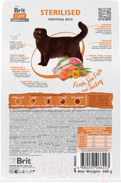 Изображение товара Сухой корм для кошек Brit Care Cat Sterilised Weight Control с рыбой и индейкой / 5066223 (400г)