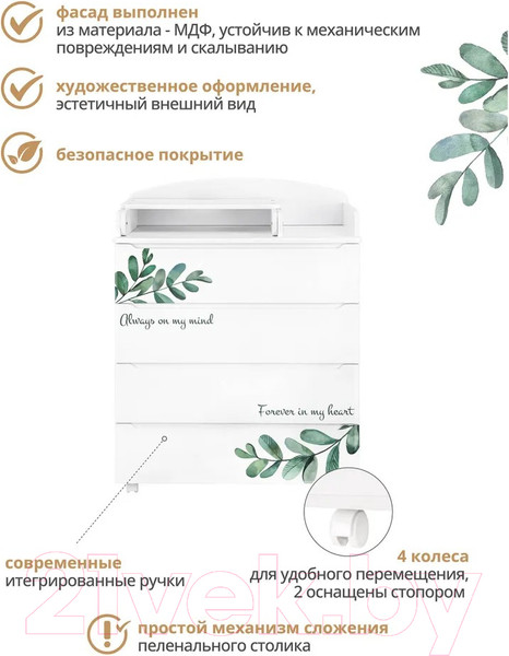 Изображение товара Комод пеленальный INDIGO Green Line с узким пеленальным столиком (листочки)