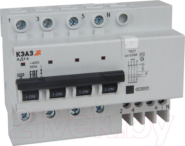 Изображение товара Дифференциальный автомат КЭАЗ АД14-43C32-АC-УХЛ4 4P C32 100mA 4.5кА / 318389