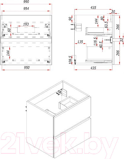 Изображение товара Тумба под умывальник ЗОВ Лира 100 / L100MW0MWGVA-KP13W-KP13W (белый глянцевый)