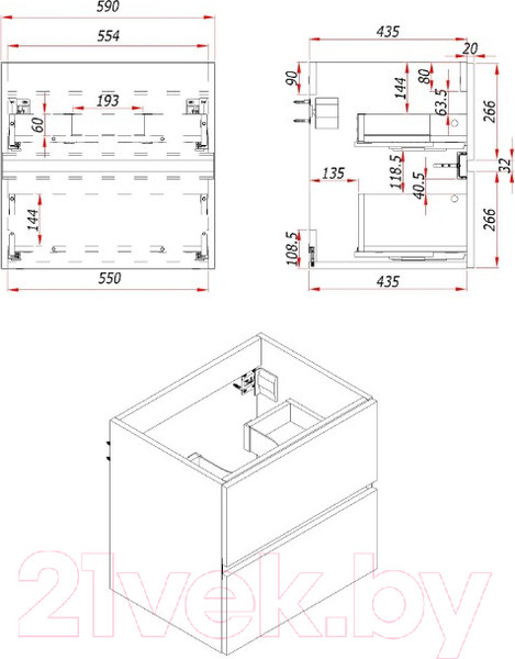 Изображение товара Тумба с умывальником ЗОВ Лира 60 / L60MW0MWGVA-OL60 (белый глянцевый)