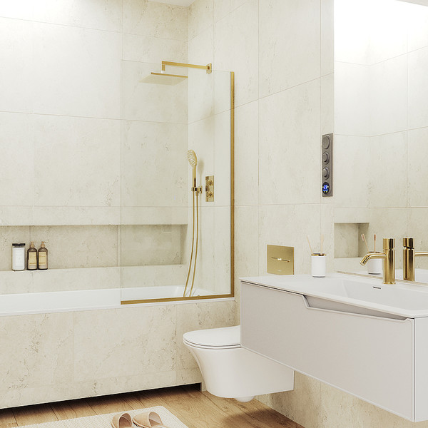 Изображение товара Стеклянная шторка для ванны MaybahGlass MGV-64-3у (прозрачное стекло/золотой)