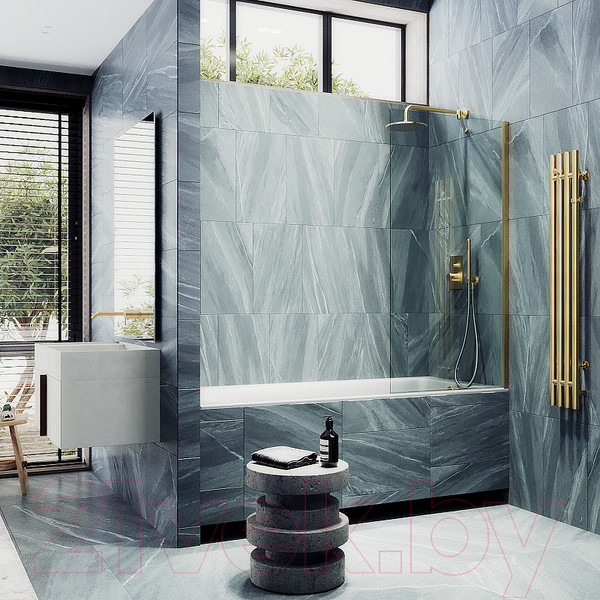 Изображение товара Стеклянная шторка для ванны MaybahGlass MGV-63-3ш (прозрачное стекло/золотой)