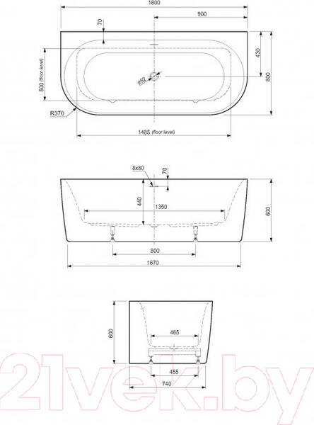 Изображение товара Ванна акриловая Cezares Metauro INT Wall-180-80-60-W-MATT