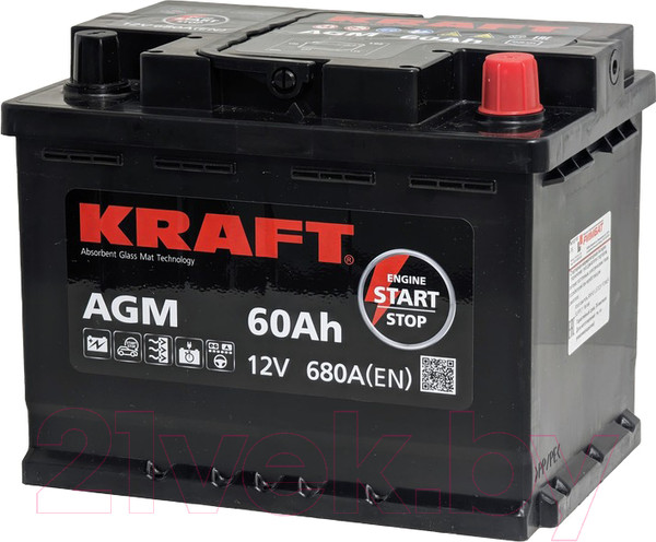 Изображение товара Автомобильный аккумулятор KrafT AGM 60 R / AGM-L2 (60 А/ч)