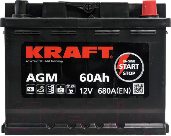 Изображение товара Автомобильный аккумулятор KrafT AGM 60 R / AGM-L2 (60 А/ч)