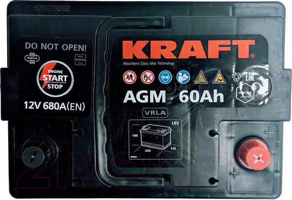 Изображение товара Автомобильный аккумулятор KrafT AGM 60 R / AGM-L2 (60 А/ч)
