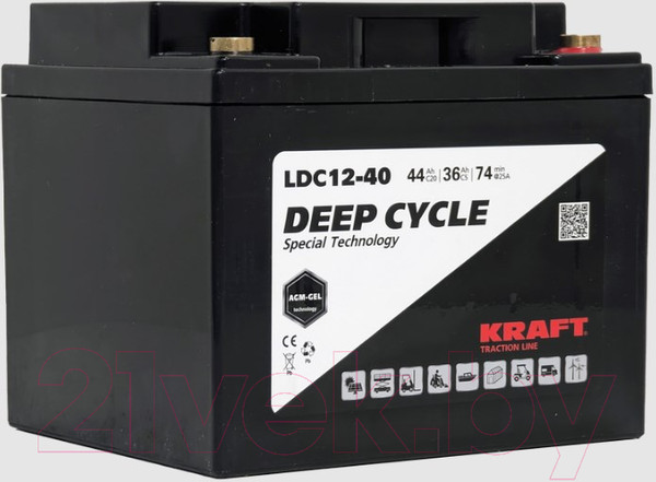 Изображение товара Аккумулятор лодочный KrafT 12V-44Ah C20 L тяговая / LDC12-40
